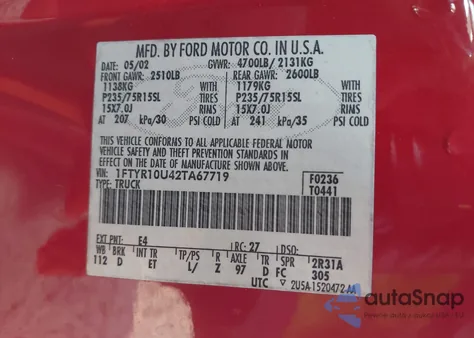 2002 Ford Ranger Edge/Xl/Xlt from USA, damaged, VIN 1FTYR10U42TA67719